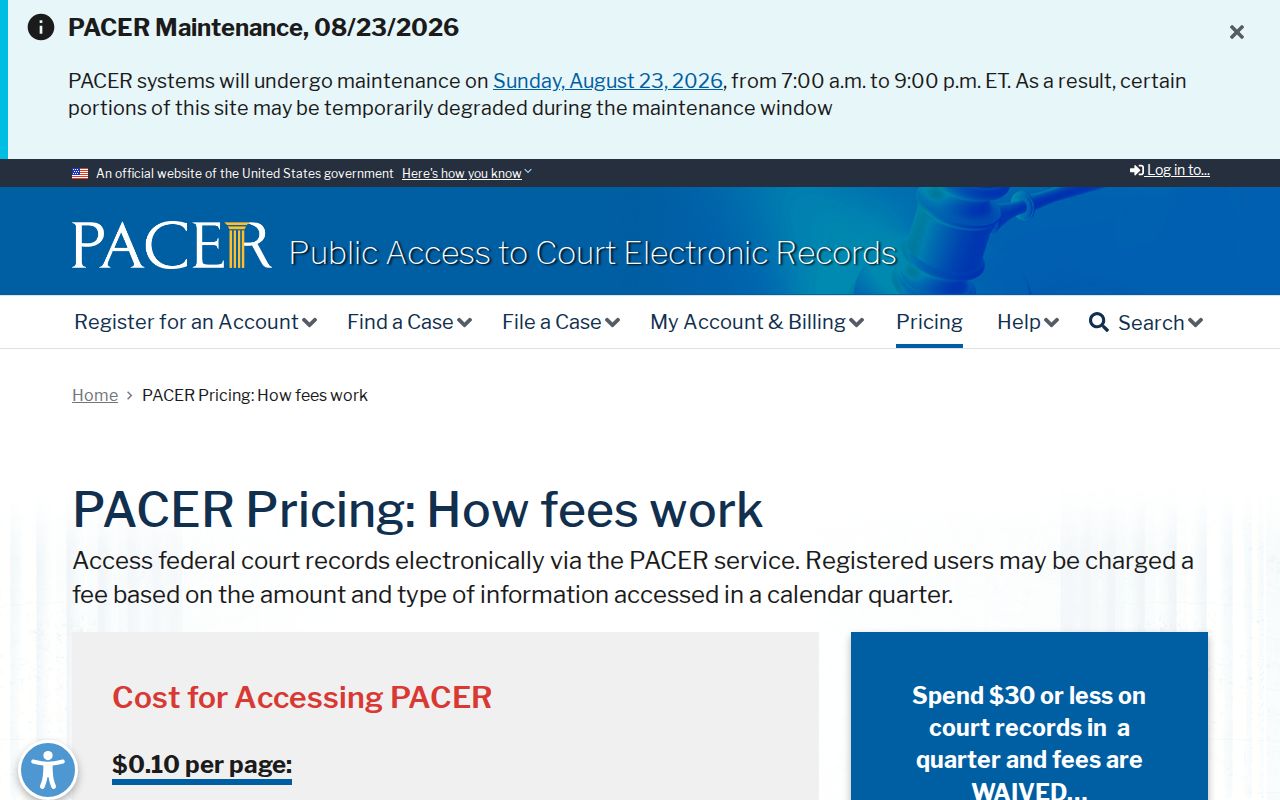PACER fee information for a Greene County federal case search