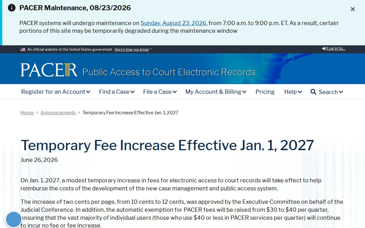 Greene County civil court docket federal PACER fee notice